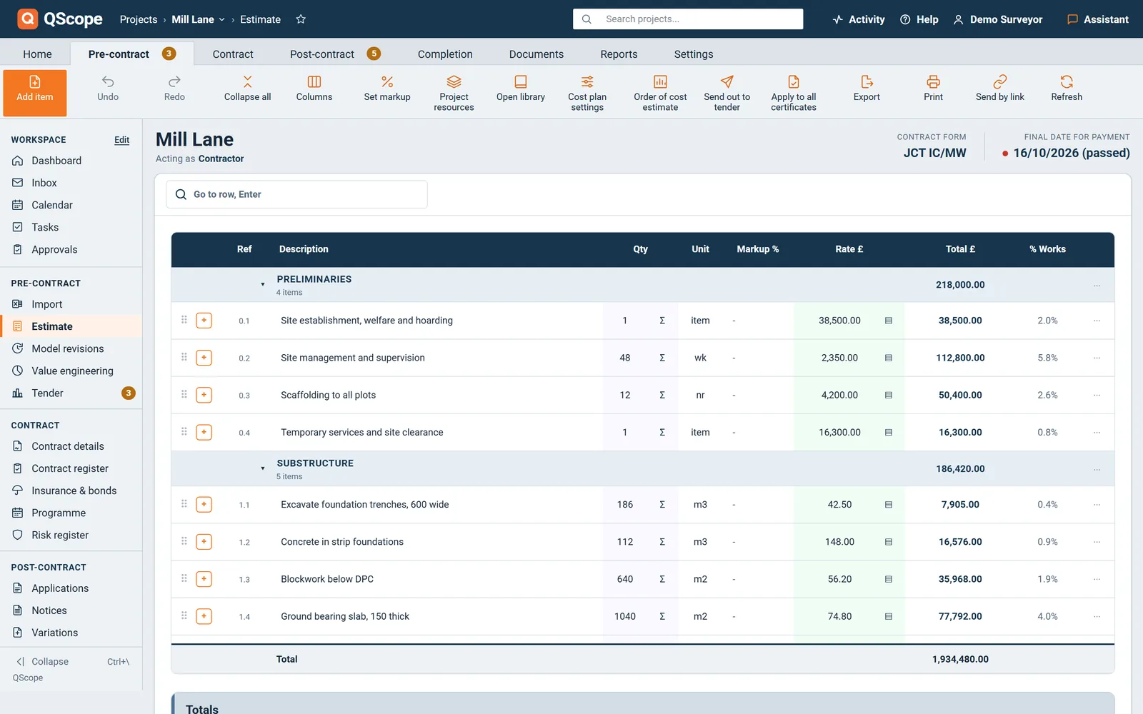 QScope Estimate screen: three priced lines under Preliminaries with quantity, unit, rate and total, and the estimate totals, on a fictional project.