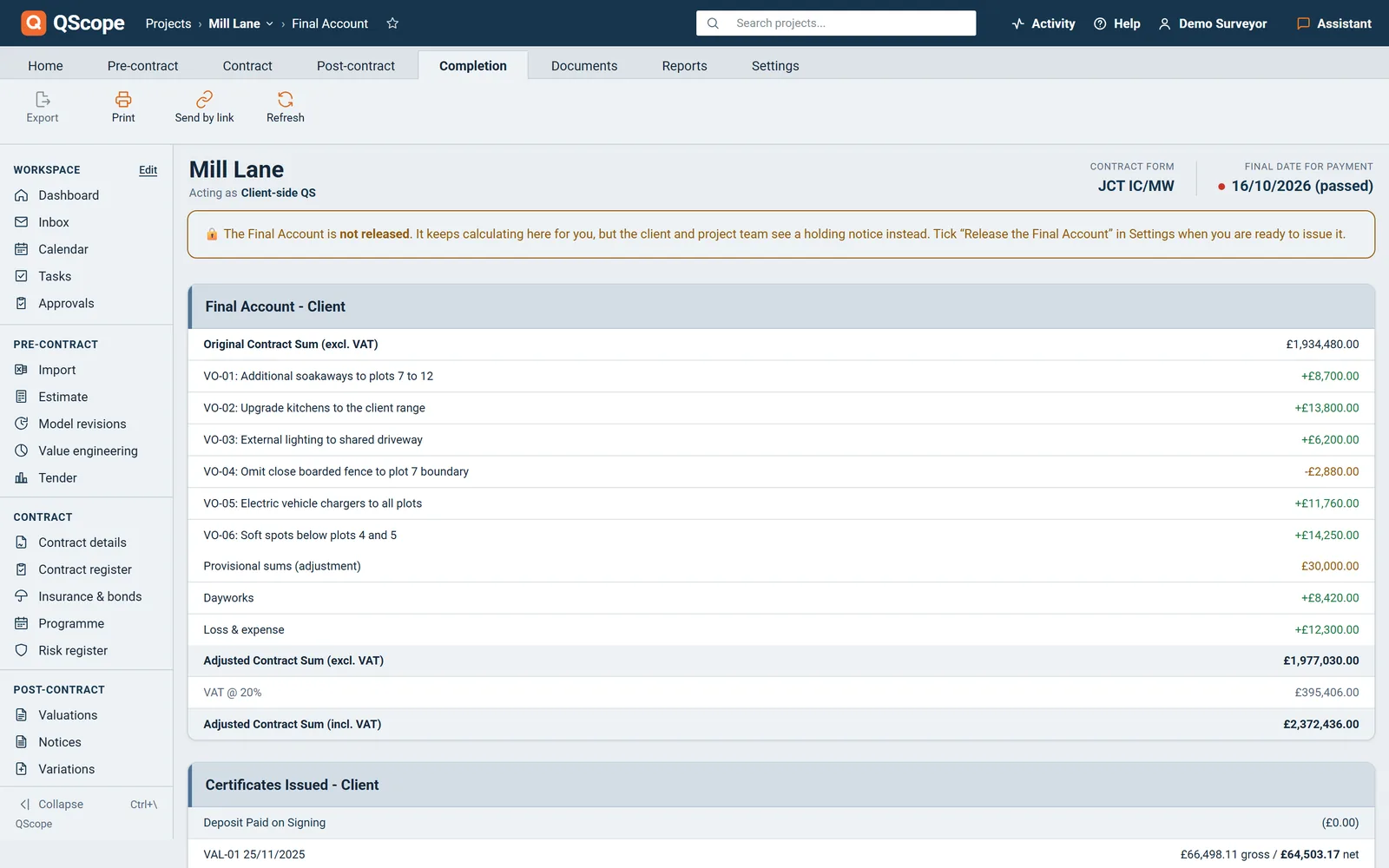 QScope Final Account: original contract sum, variations and adjusted contract sum, with the certificates issued, on a fictional project.