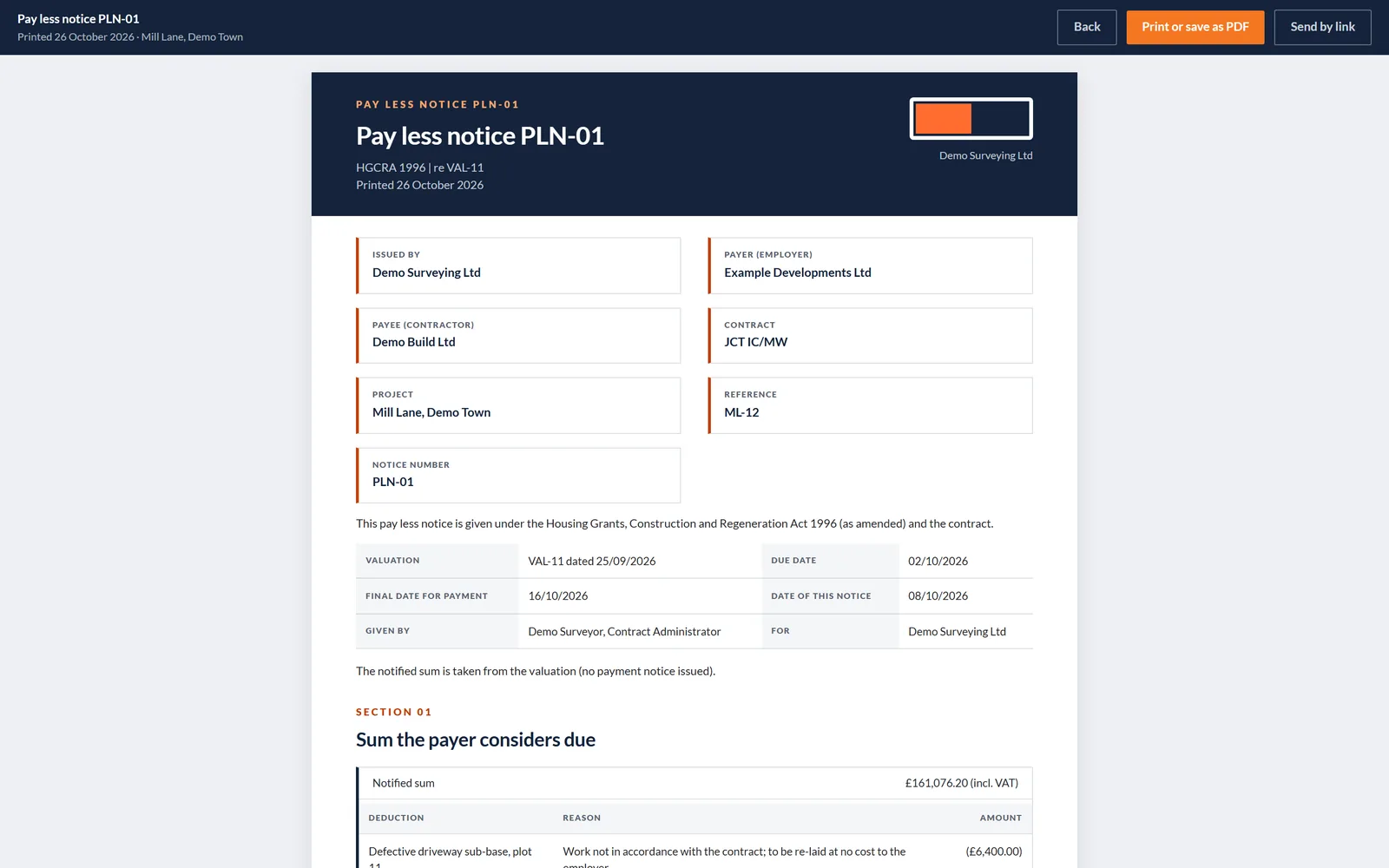 Printed QScope Pay Less Notice re certificate VAL-02, with the parties and the sum stated as due, on a fictional project.