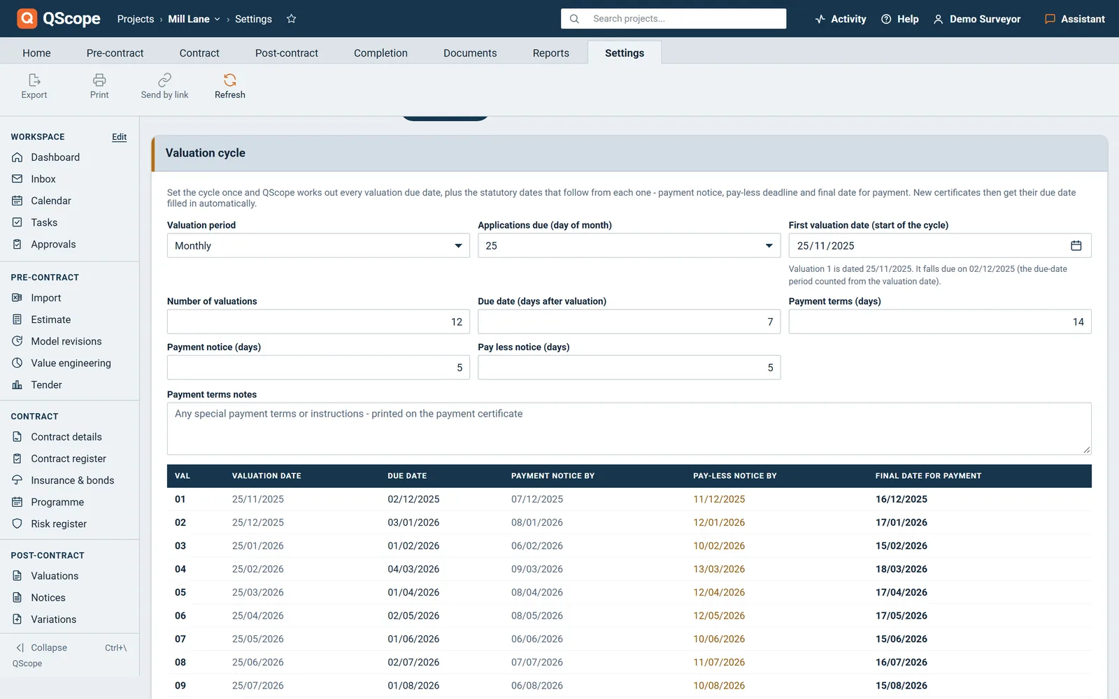 QScope project settings, valuation cycle: payment periods and the schedule of due, notice, pay less and final dates, on a fictional project.