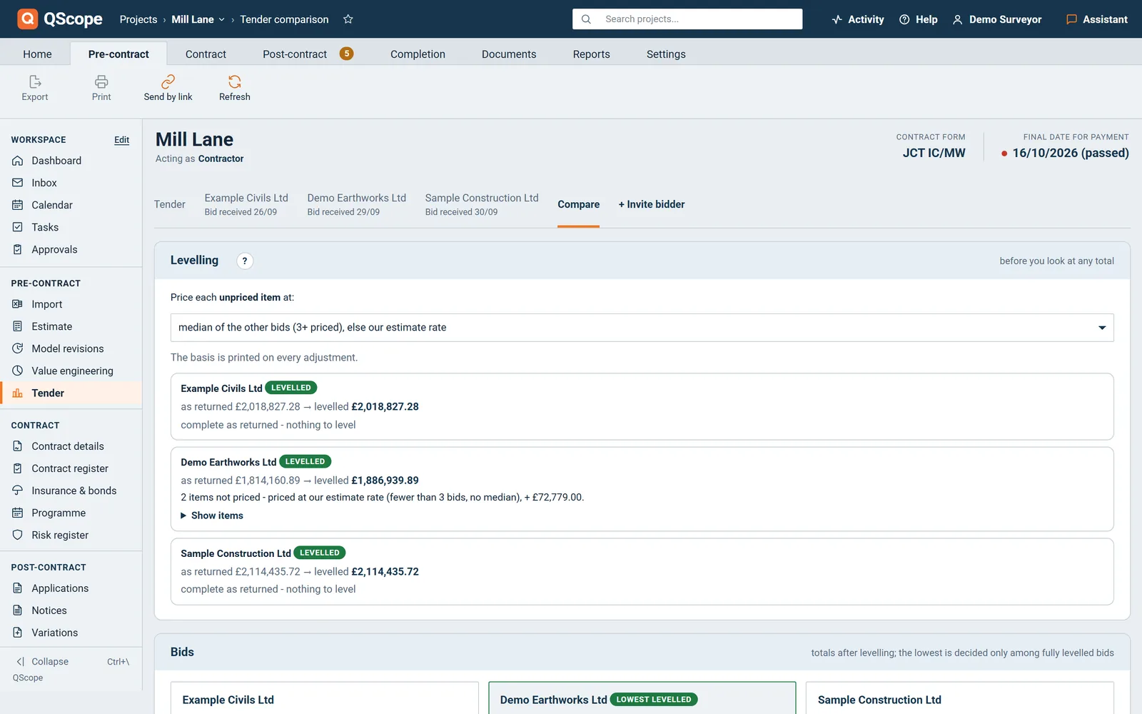 QScope Tender comparison: returned bids side by side against the tender document, on a fictional project.
