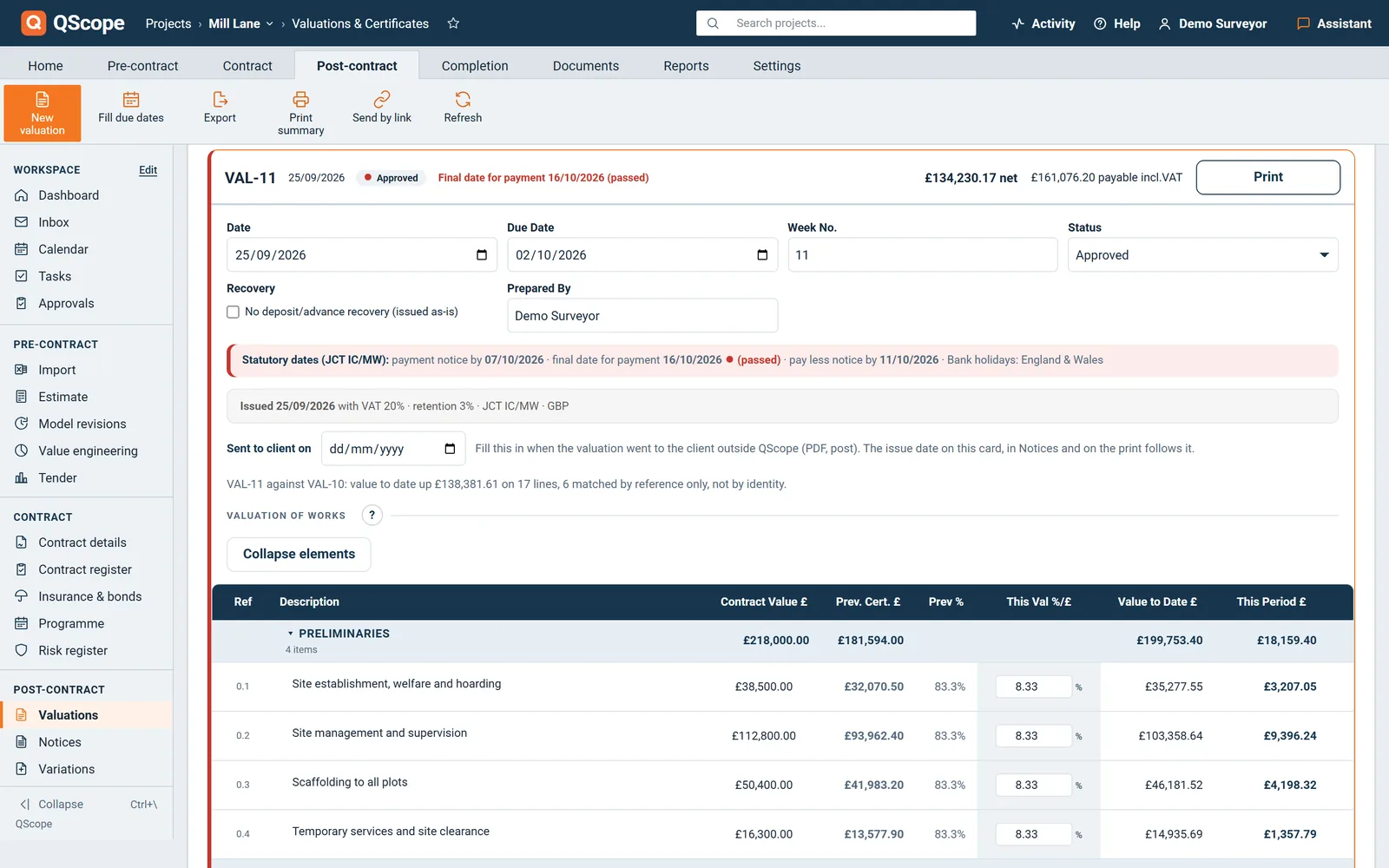 QScope valuation VAL-01 in draft: three lines with contract value, this valuation per cent and value to date, then gross, retention and net due, on a fictional project.