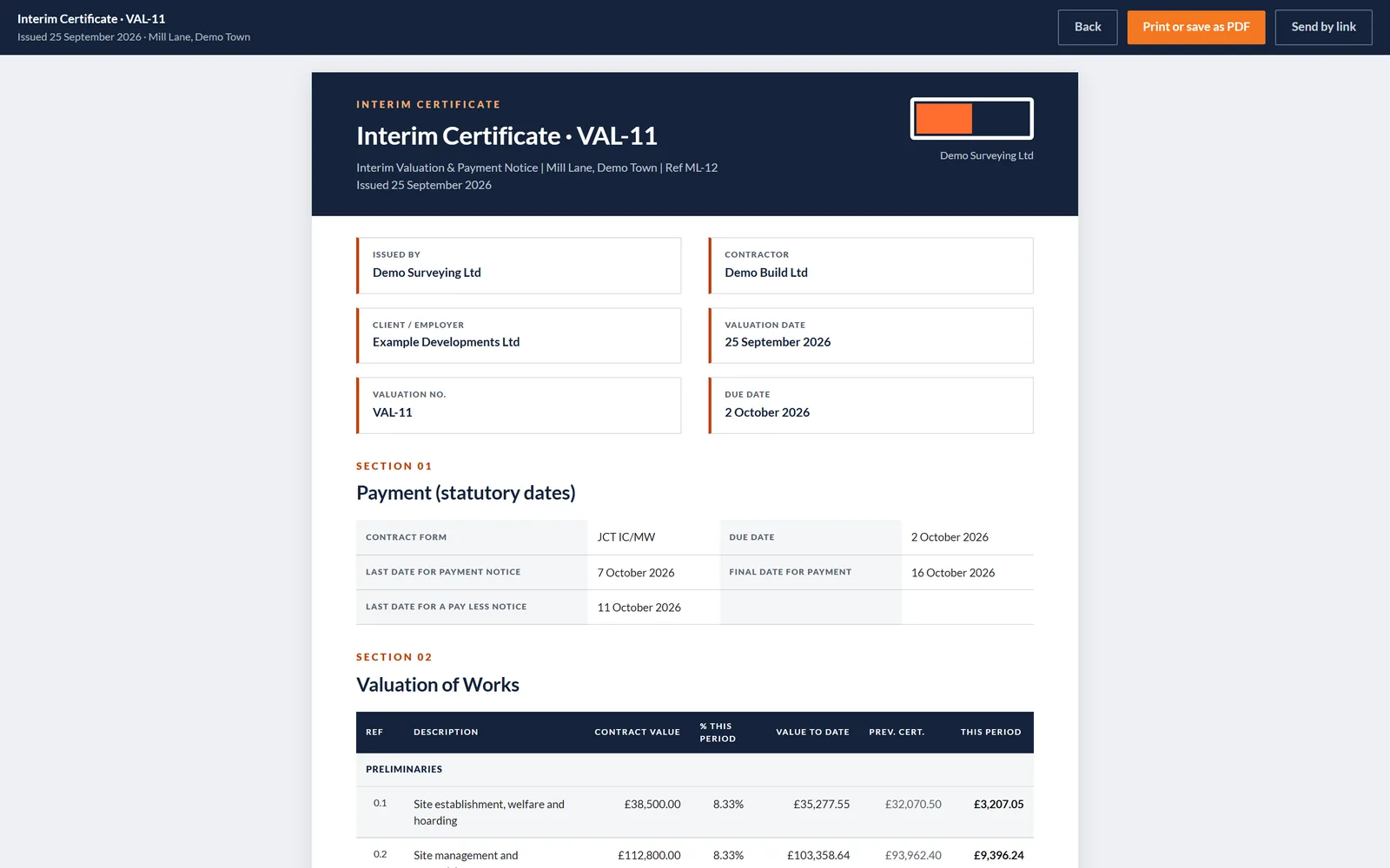 Printed QScope document: Interim Application for Payment VAL-02 with parties, payment dates and the valuation of works, on a fictional project.