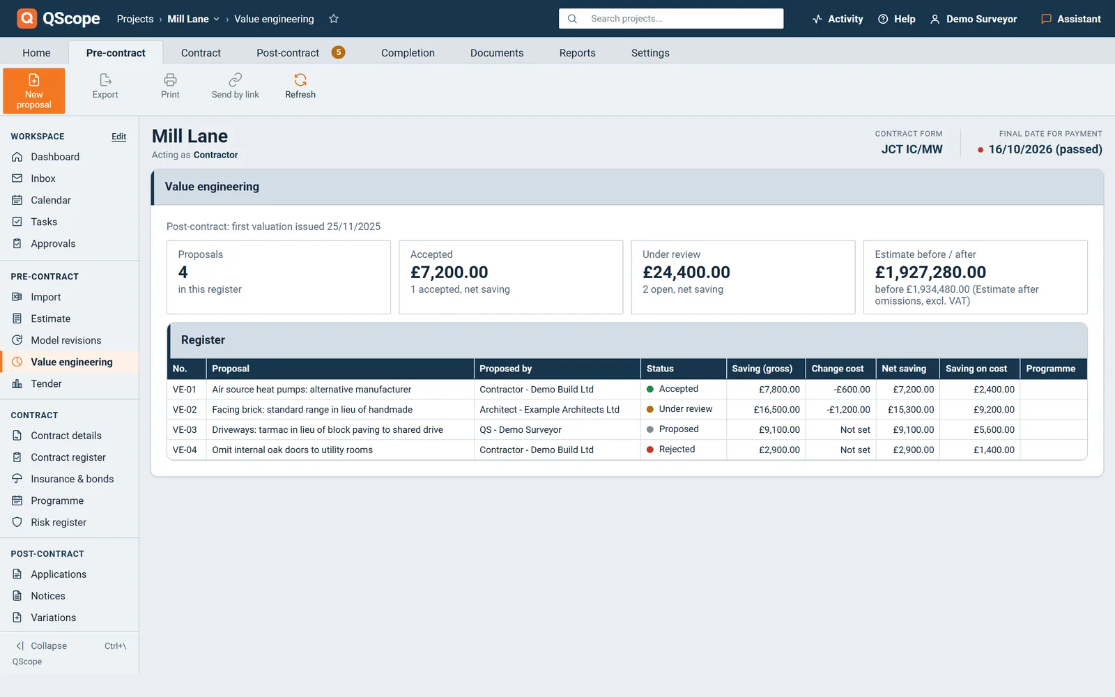 QScope Value engineering register: proposals with their status and net saving, on a fictional project.