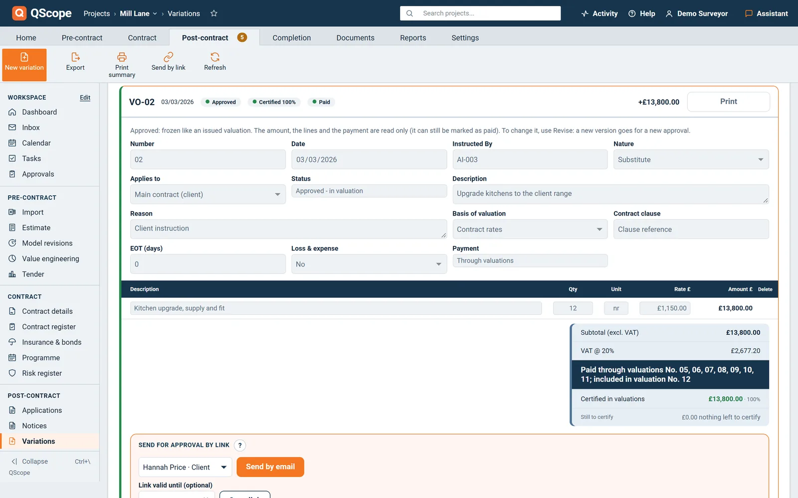 QScope Variation Orders register: VO-01 to VO-05 with dates, status and value, on a fictional project.